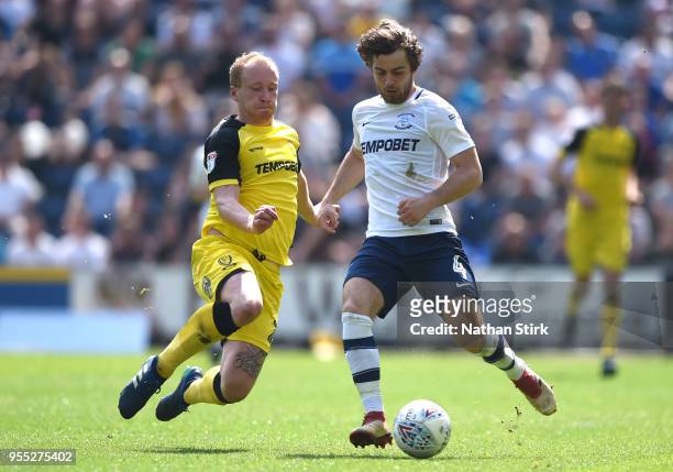 Liam Boyce of Burton Albion battles for possession with Ben Pearson of Preston North End during the Sky Bet Championship match between Preston North...