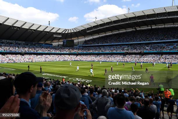 General view inside the stadium during the Premier League match between Manchester City and Huddersfield Town at Etihad Stadium on May 6, 2018 in...
