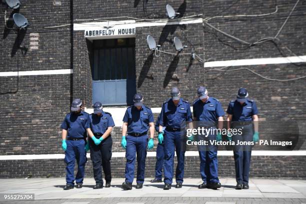 Police search team at the scene ouside Aberfeldy House in Camberwell New Road, Southwark, south London, as 17-year-old Rhyhiem Ainsworth Barton was...