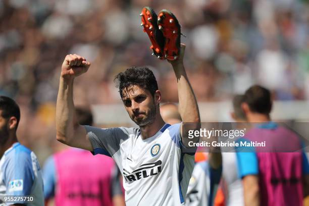 Andrea Ranocchia of FC Internazionale greets fans after the Serie A match during the serie A match between Udinese Calcio and FC Internazionale at...
