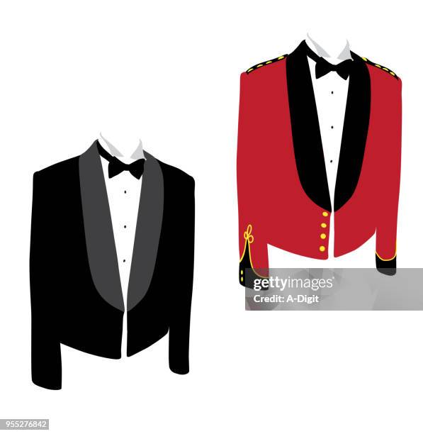high class tuxedos - putting on jacket stock illustrations
