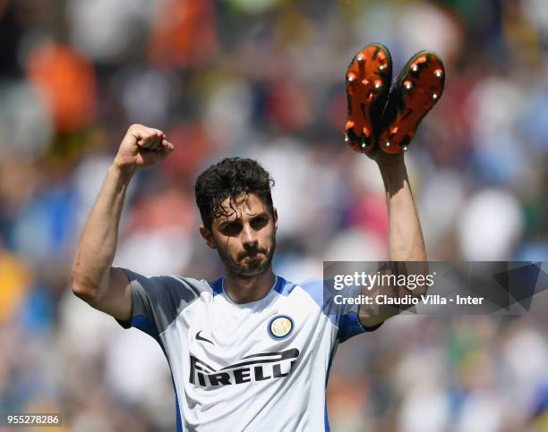 Andrea Ranocchia of FC Internazionale celebrates at the end of the serie A match between Udinese Calcio and FC Internazionale at Stadio Friuli on May...