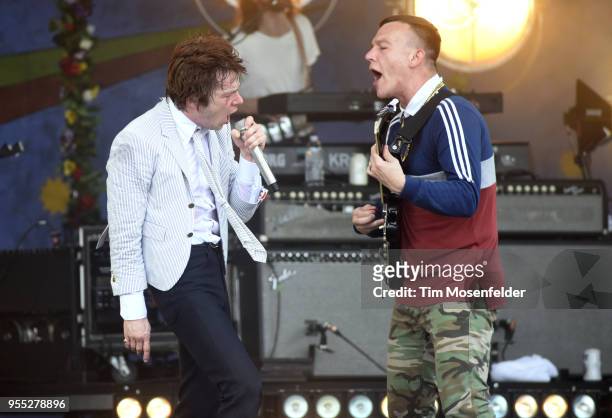 Matt Shultz and Brad Shultz of Cage the Elephant perform during the 2018 New Orleans Jazz & Heritage Festival at Fair Grounds Race Course on May 5,...