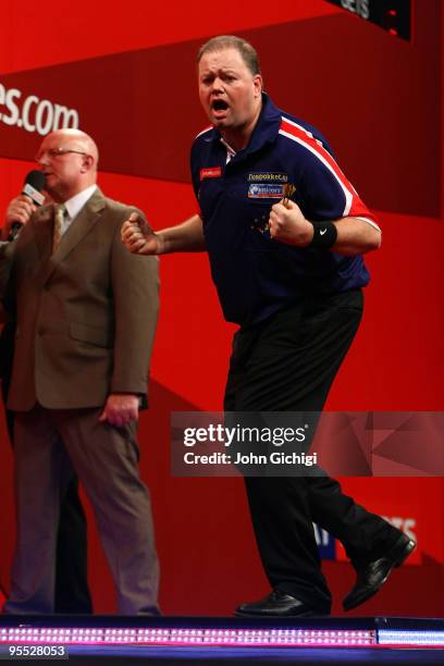 Raymond Van Barneveld of Netherlands shows his delight during the game against Simon Whitlock of Australia in the Semi Finals of the 2010...