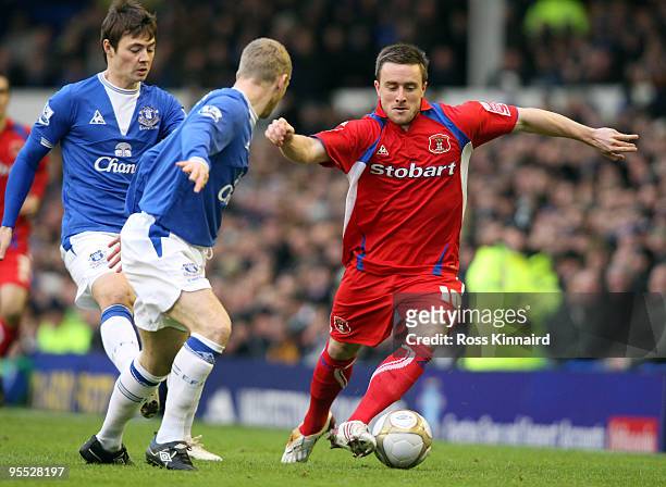 Matthew Robson of Carlisle is challenged by Tony Hibbert of Everton during the third round match of The FA Cup, sponsored by E.ON, between Everton...