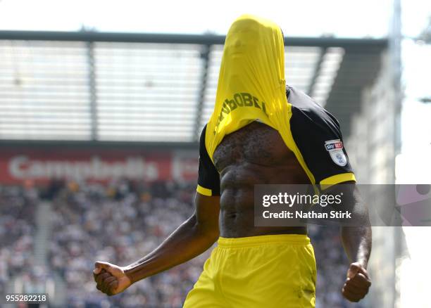 Hope Akpan of Burton Albion celebrates after scoring his sides first goal during the Sky Bet Championship match between Preston North End and Burton...