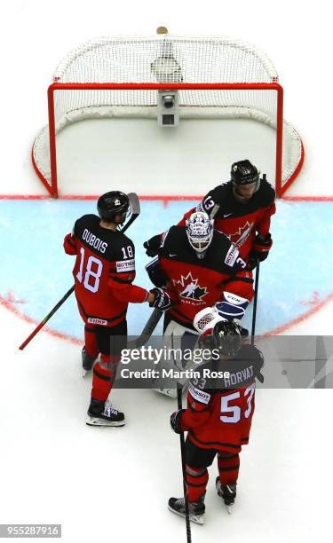 Curtis McElhinney, goaltender of Canada celebratw with his team mates victory over Korea after the 2018 IIHF Ice Hockey World Championship group...