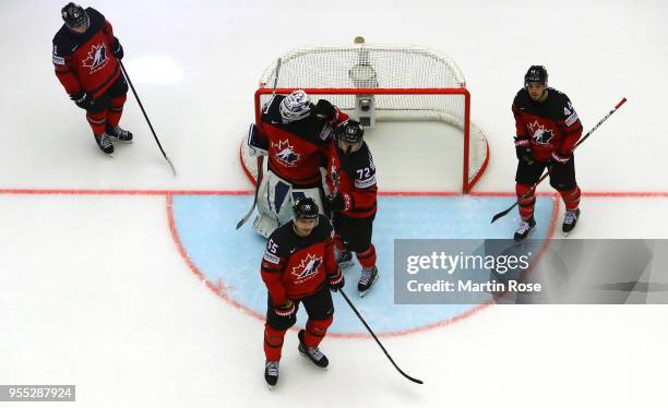 Curtis McElhinney, goaltender of Canada celebratw with his team mates victory over Korea after the 2018 IIHF Ice Hockey World Championship group...