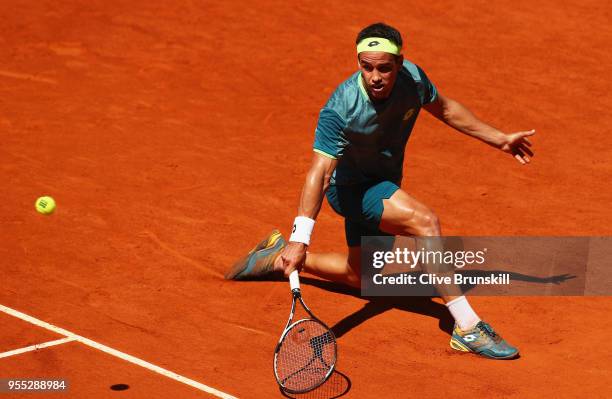 Nicolas Kicker of Argentina plays a backhand against Taylor Fritz of the United States in their first round match during day two of the Mutua Madrid...