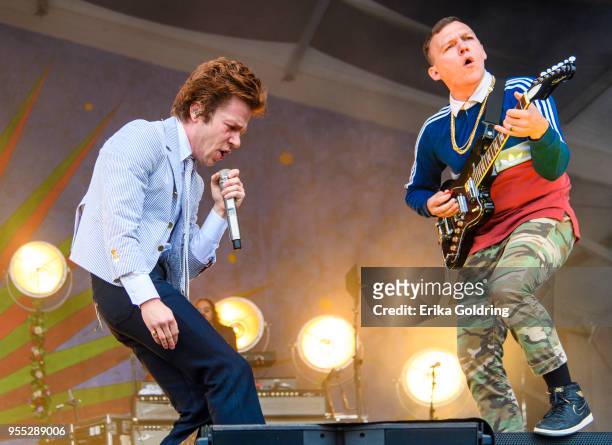 Matt Shultz and Brad Shultz of Cage the Elephant perform at Fair Grounds Race Course on May 5, 2018 in New Orleans, Louisiana.