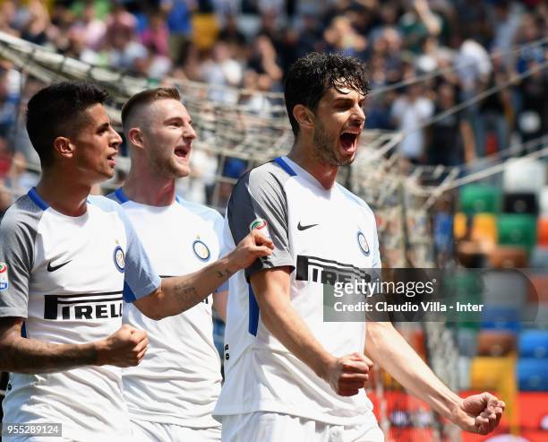 Andrea Ranocchia of FC Internazionale celebrates after scoring the opening goal during the serie A match between Udinese Calcio and FC Internazionale...