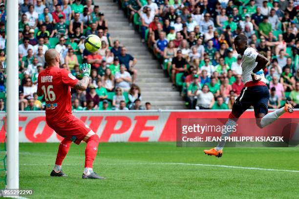 Bordeaux's Senegalese midfielder Younousse Sankhare scores a goal during the French L1 football match between Saint-Etienne and Bordeaux on May 6 at...