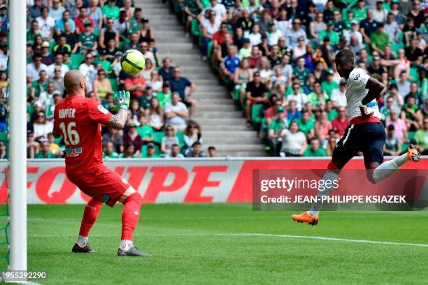 Bordeaux's Senegalese midfielder Younousse Sankhare scores a goal during the French L1 football match between Saint-Etienne and Bordeaux on May 6 at...