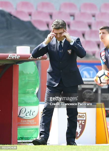 Coach of Torino FC Walter Mazzarri gestures during the serie A match between SSC Napoli and Torino FC at Stadio San Paolo on May 6, 2018 in Naples,...