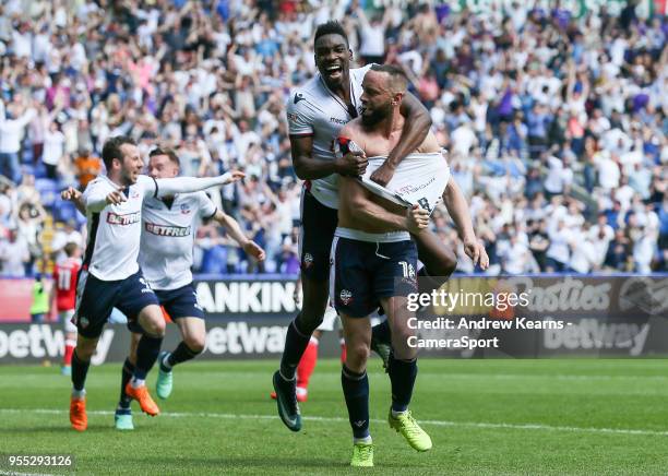 Bolton Wanderers' Aaron Wilbraham celebrates scoring his side's third goal during the Sky Bet Championship match between Bolton Wanderers and...