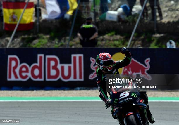 Second placed Monster Yamaha Tech 3's French rider Johann Zarco celebrates after the MotoGP race of the Spanish Grand Prix at the Jerez Angel Nieto...