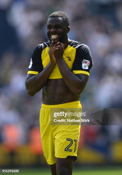 Hope Akpan of Burton Albion reacts after the Sky Bet Championship match between Preston North End and Burton Albion at Deepdale on May 6, 2018 in...