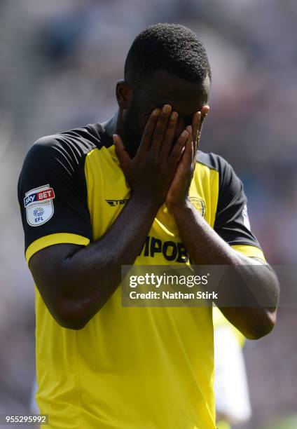 Hope Akpan of Burton Albion reacts after the Sky Bet Championship match between Preston North End and Burton Albion at Deepdale on May 6, 2018 in...