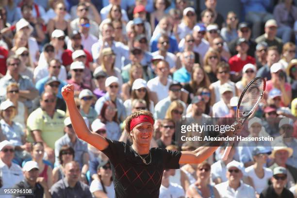 Alexander Zverev of Germany celebrates victory after winning his finalmatch against Philipp Kohlschreiber of Germany on day 9 of the BMW Open by FWU...
