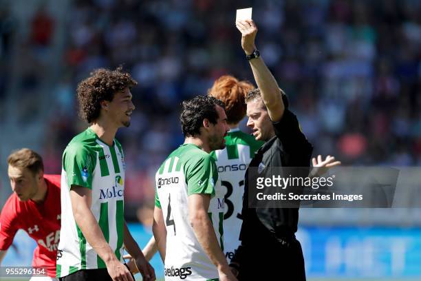 Dirk Marcellis of PEC Zwolle receives a yellow card from referee Allard Lindhout during the Dutch Eredivisie match between AZ Alkmaar v PEC Zwolle at...