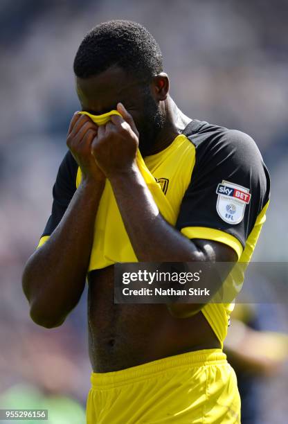 Hope Akpan of Burton Albion reacts after the Sky Bet Championship match between Preston North End and Burton Albion at Deepdale on May 6, 2018 in...