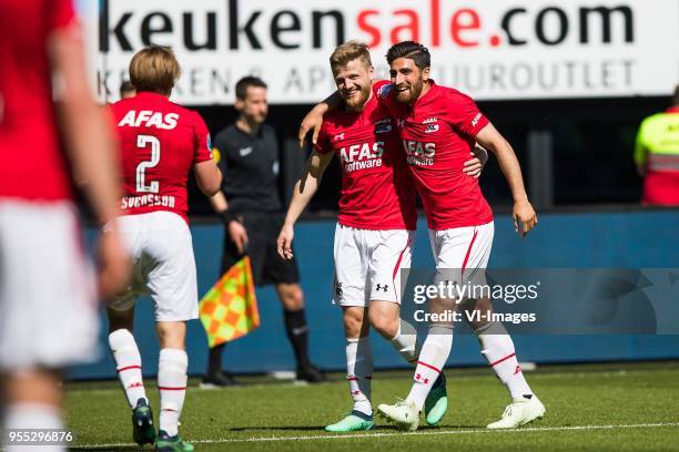 Jonas Svensson of AZ, Fredrik Midtsjo of AZ, Alireza Jahanbakhsh of AZ during the Dutch Eredivisie match between AZ Alkmaar and PEC Zwolle at AFAS...