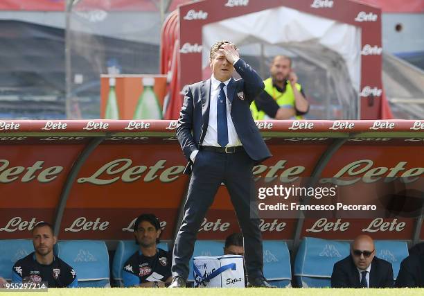 Coach of Torino FC Walter Mazzarri gestures during the serie A match between SSC Napoli and Torino FC at Stadio San Paolo on May 6, 2018 in Naples,...