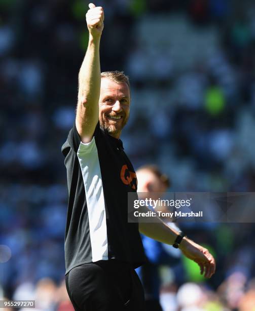 Gary Rowett, Manager of Derby County shows his appreiation to the fans during the Sky Bet Championship match between Derby County and Barnsley at...