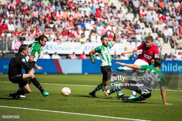 Goalkeeper Diederik Boer of PEC Zwolle, Dirk Marcellis of PEC Zwolle, Bram van Polen of PEC Zwolle, Wout Weghorst of AZ, Nicolas Freire of PEC Zwolle...