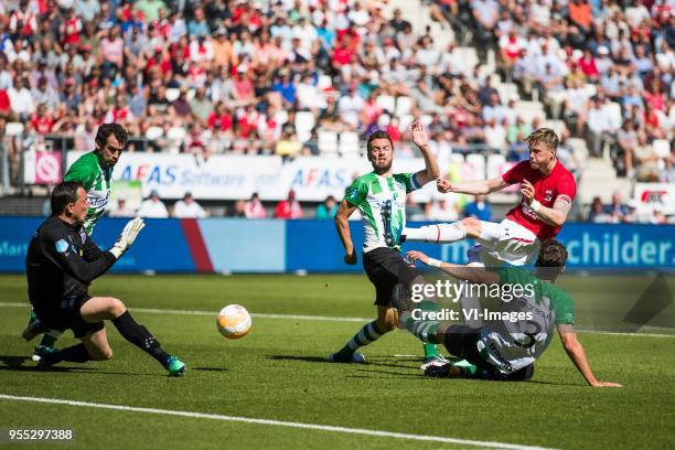 Goalkeeper Diederik Boer of PEC Zwolle, Dirk Marcellis of PEC Zwolle, Bram van Polen of PEC Zwolle, Wout Weghorst of AZ, Nicolas Freire of PEC Zwolle...