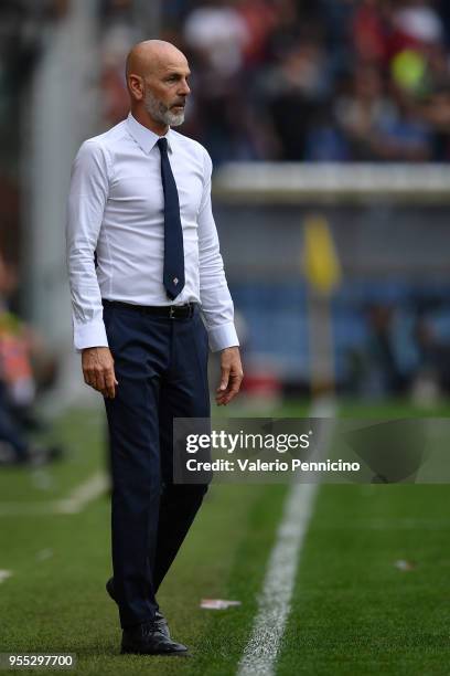 Fiorentina head coach Stefano Pioli watches the action during the serie A match between Genoa CFC and ACF Fiorentina at Stadio Luigi Ferraris on May...