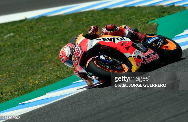 Repsol Honda Team's Spanish rider Marc Marquez competes during the MotoGP race of the Spanish Grand Prix at the Jerez Angel Nieto racetrack in Jerez...