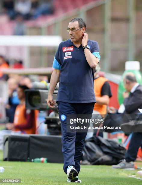 Coach of SSC Napoli Maurizio Sarri looks on during the serie A match between SSC Napoli and Torino FC at Stadio San Paolo on May 6, 2018 in Naples,...