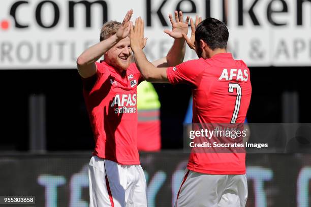 Alireza Jahanbakhsh of AZ Alkmaar celebrates 1-0 with Jonas Svensson of AZ Alkmaar during the Dutch Eredivisie match between AZ Alkmaar v PEC Zwolle...