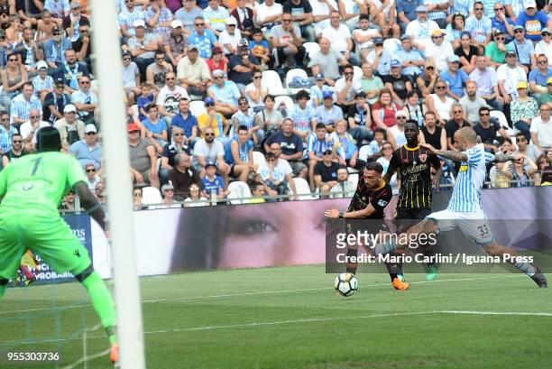 Gaetano Letizia of Benevento Calcio kicks towards the goal during the serie A match between Spal and Benevento Calcio at Stadio Paolo Mazza on May 6,...