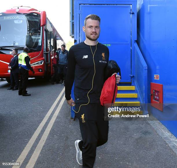 Simon Mignolet of Liverpool arrives before the Premier League match between Chelsea and Liverpool at Stamford Bridge on May 6, 2018 in London,...