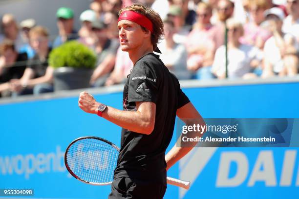 Alexander Zverev of Germany reacts during his finalmatch against Philipp Kohlschreiber of Germany on day 9 of the BMW Open by FWU at MTTC IPHITOS on...