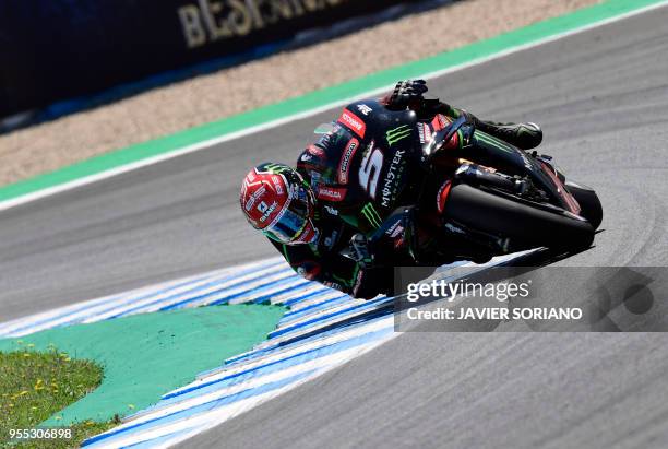 Monster Yamaha Tech 3's French rider Johann Zarco competes during the MotoGP race of the Spanish Grand Prix at the Jerez Angel Nieto racetrack in...