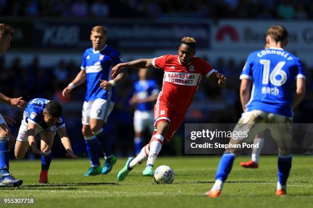 Britt Assombalonga of Middlesbrough competes for the ball with Tristan Nydam of Ipswich Town during the Sky Bet Championship match between Ipswich...