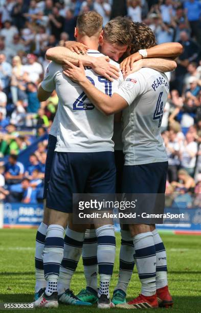 Preston North End's Louis Moult celebrates scoring his side's second goal with Callum Robinson, Ben Pearson and Paul Gallagher during the Sky Bet...