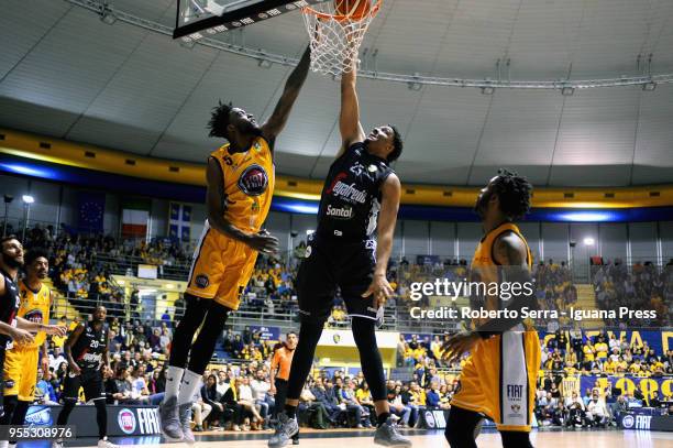 Kenny Lawson of Segafredo competes with Norvel Pelle and Vander Blue of Fiat during the LBA LegaBasket match between Auxilium Fiat Torino and Virtus...