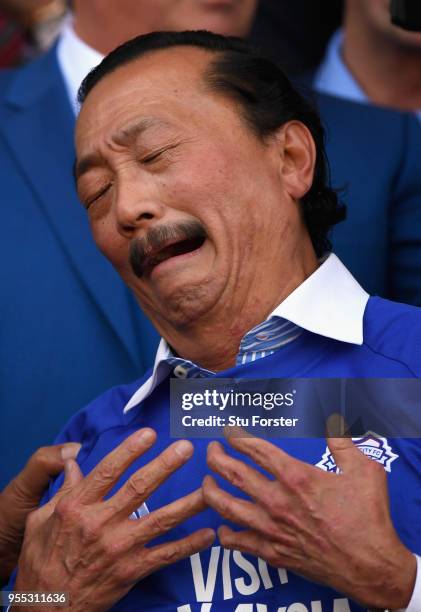 Cardiff owner Vincent Tan reacts after promotion to the premier league after the Sky Bet Championship match between Cardiff City and Reading at...