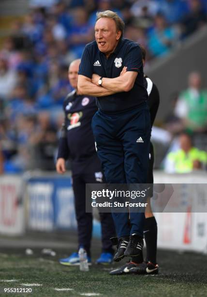 Cardiff manager Neil Warnock reacts during the Sky Bet Championship match between Cardiff City and Reading at Cardiff City Stadium on May 6, 2018 in...