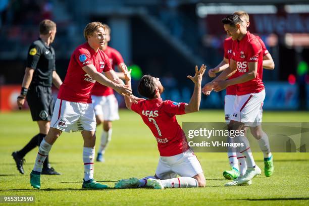 Jonas Svensson of AZ, Alireza Jahanbakhsh of AZ, Tijjani Reijnders of AZ during the Dutch Eredivisie match between AZ Alkmaar and PEC Zwolle at AFAS...