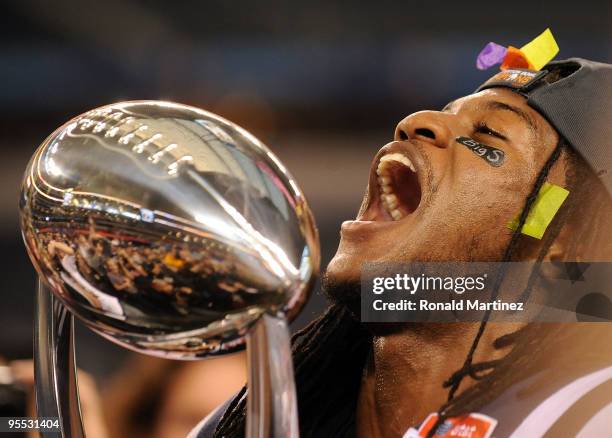 Kendrick Lewis of the Mississippi Rebels celebrates a 21-7 win against the Oklahoma State Cowboys during the AT&T Cotton Bowl on January 2, 2010 at...