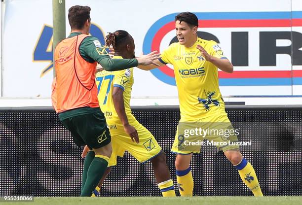 Mariusz Stepinski of AC Chievo Verona celebrates his goal with his team-mates during the serie A match between AC Chievo Verona and FC Crotone at...