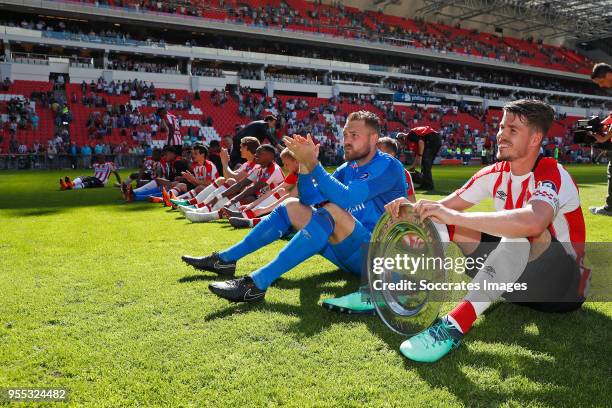 Jeroen Zoet of PSV, Marco van Ginkel of PSV celebrate with trophy during the Dutch Eredivisie match between PSV v FC Groningen at the Philips Stadium...