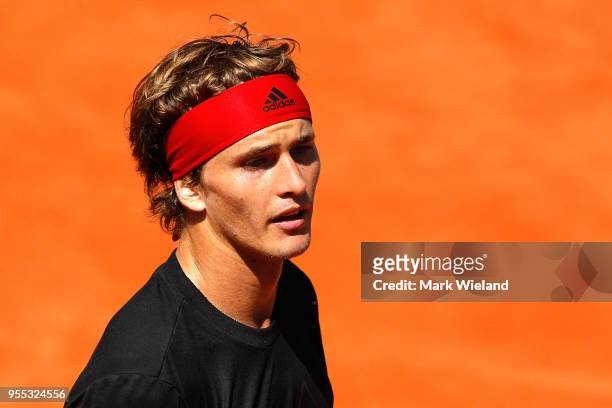 Alexander Zverev of Germany looks on against Philipp Kohlschreiber of Germany during the final on day 9 of the BMW Open by FWU at MTTC IPHITOS on May...