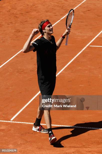 Alexander Zverev of Germany celebrates winning after beating Philipp Kohlschreiber of Germany during the final on day 9 of the BMW Open by FWU at...