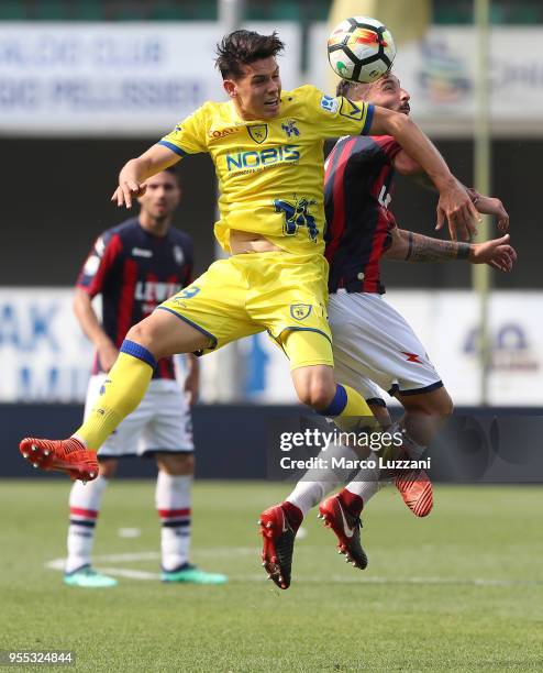 Mariusz Stepinski of AC Chievo Verona competes for the ball with Federico Ceccherini of FC Crotone during the serie A match between AC Chievo Verona...